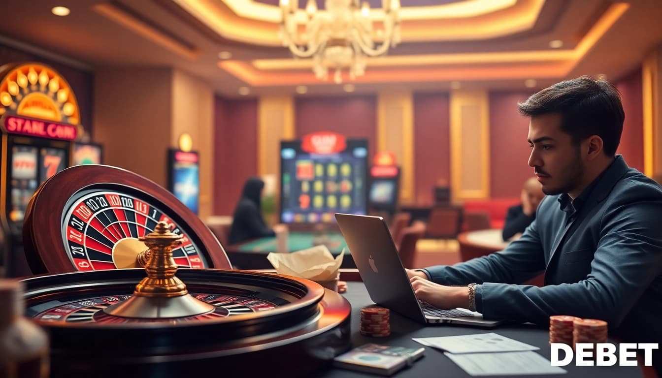 Participants engaged in an online gambling experience at Nhà Cái DEBET with vibrant betting elements, capturing excitement.