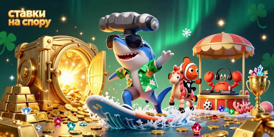Engaging illustration of ставки на спорт featuring a shark, clownfish, and crab in a vibrant, dynamic casino scene.