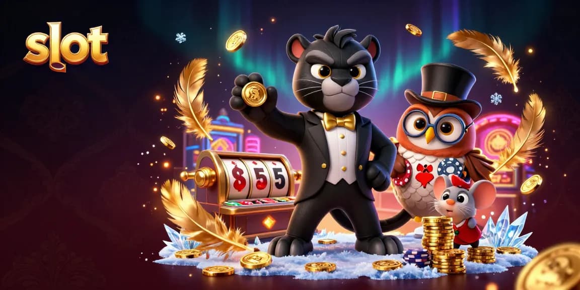 Engage in exciting slot action with a panther dealer amidst vibrant casino elements.