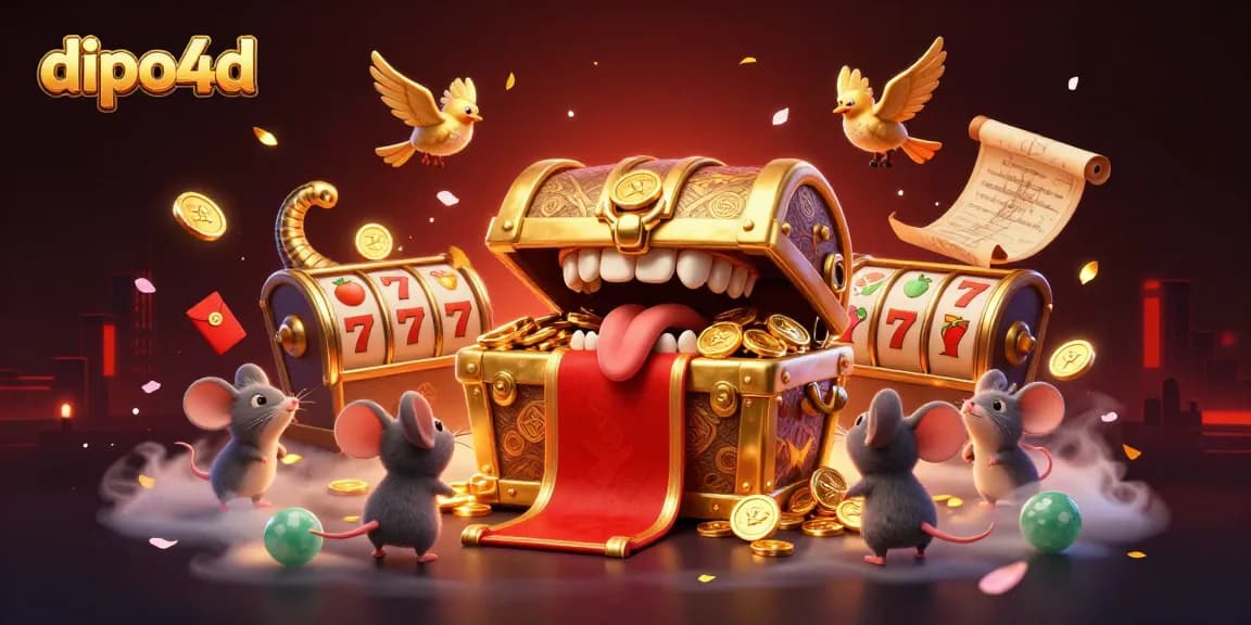 Experience thrilling gameplay with dipo4d: golden treasure chest luring adventurer mice, vibrant casino elements.