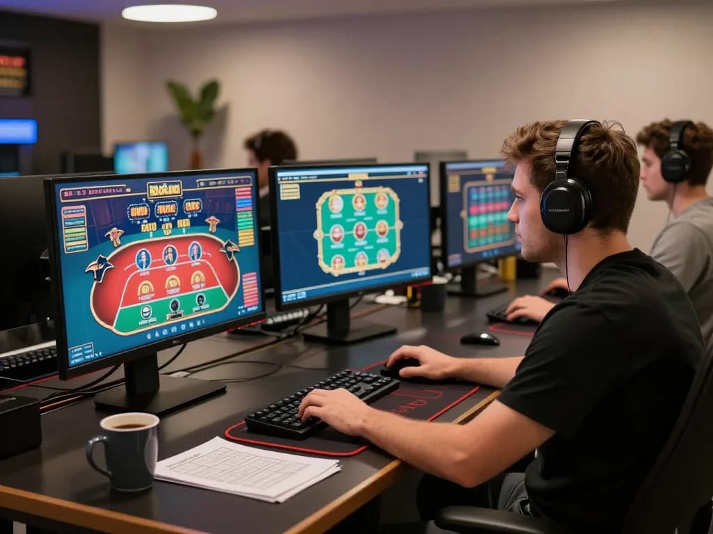 Player engaged in online gaming at home using vu88 for strategic casino bets with vibrant screens.
