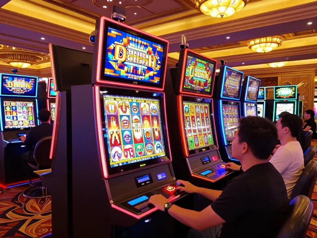 NAGA2000 players engaging with vibrant slot machines, celebrating wins in a lively casino environment