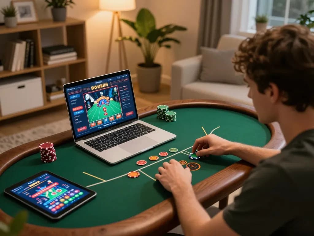 Player enjoying an online poker game with MMOO, showcasing strategic gameplay in a cozy setting