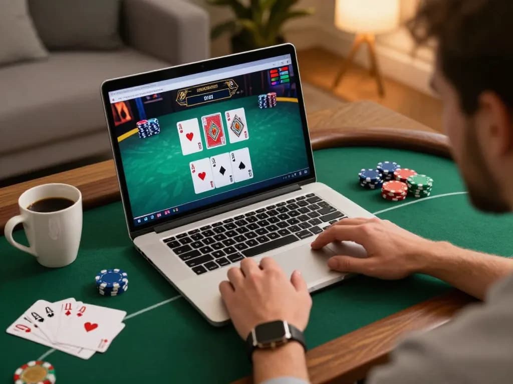 Player engaging in a strategic poker game on 3win's online platform in a cozy home setting.
