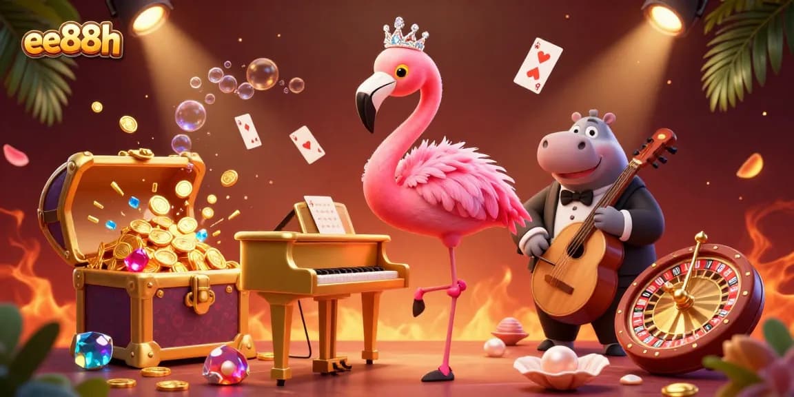 Experience the thrill of ee88h with a vibrant casino scene featuring an energetic cartoon flamingo and hippo musician.