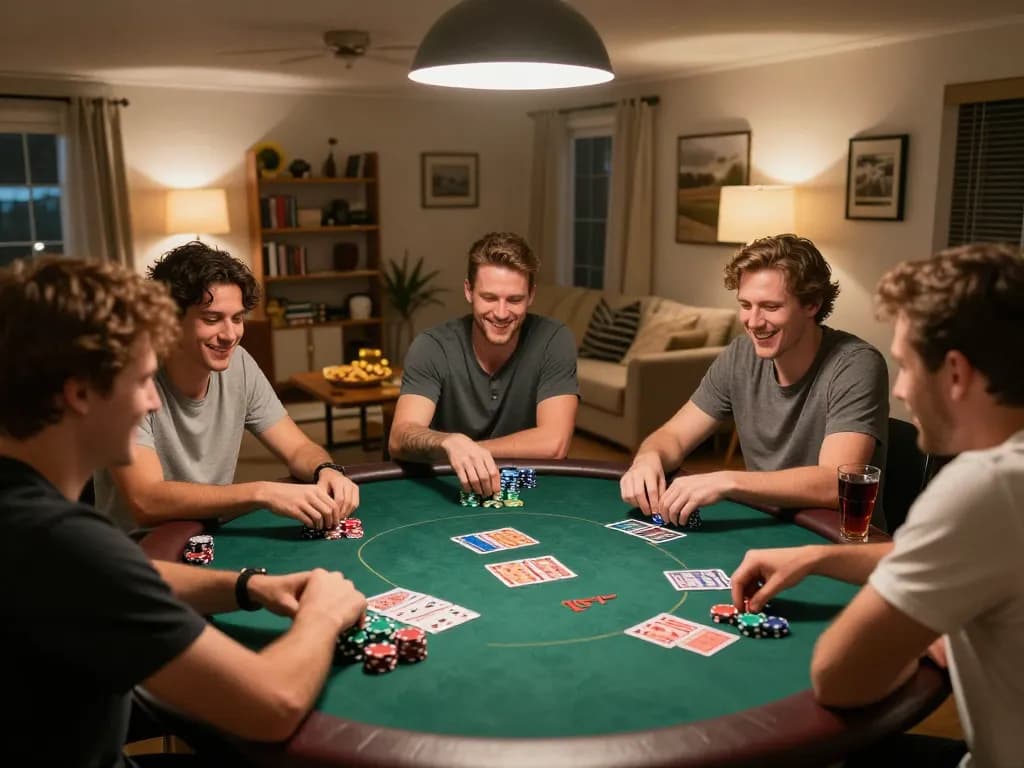 Friends enjoy a poker game at home with VIC88 chips in hand, creating a fun, responsible gaming atmosphere.