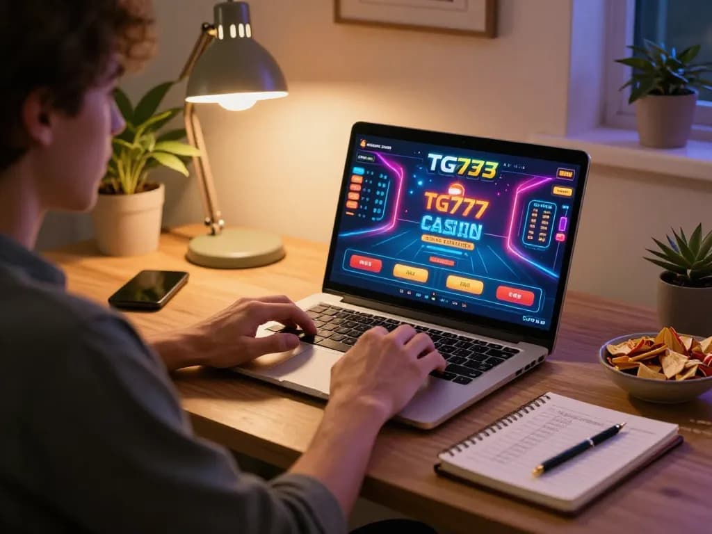 Player exploring game options on the TG777 app in a cozy home office setting, highlighting responsible gaming.