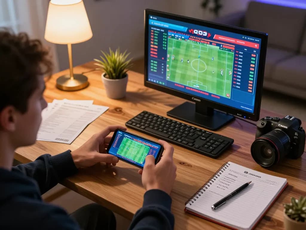 Person using a smartphone for sports betting on debet app, showcasing excitement and strategy.