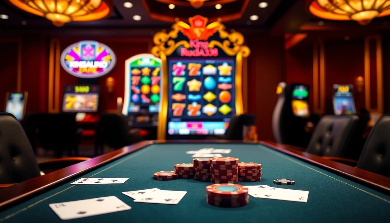 Experience thrilling gameplay at kinggaruda138 with an elegant poker table and vibrant slot machines.