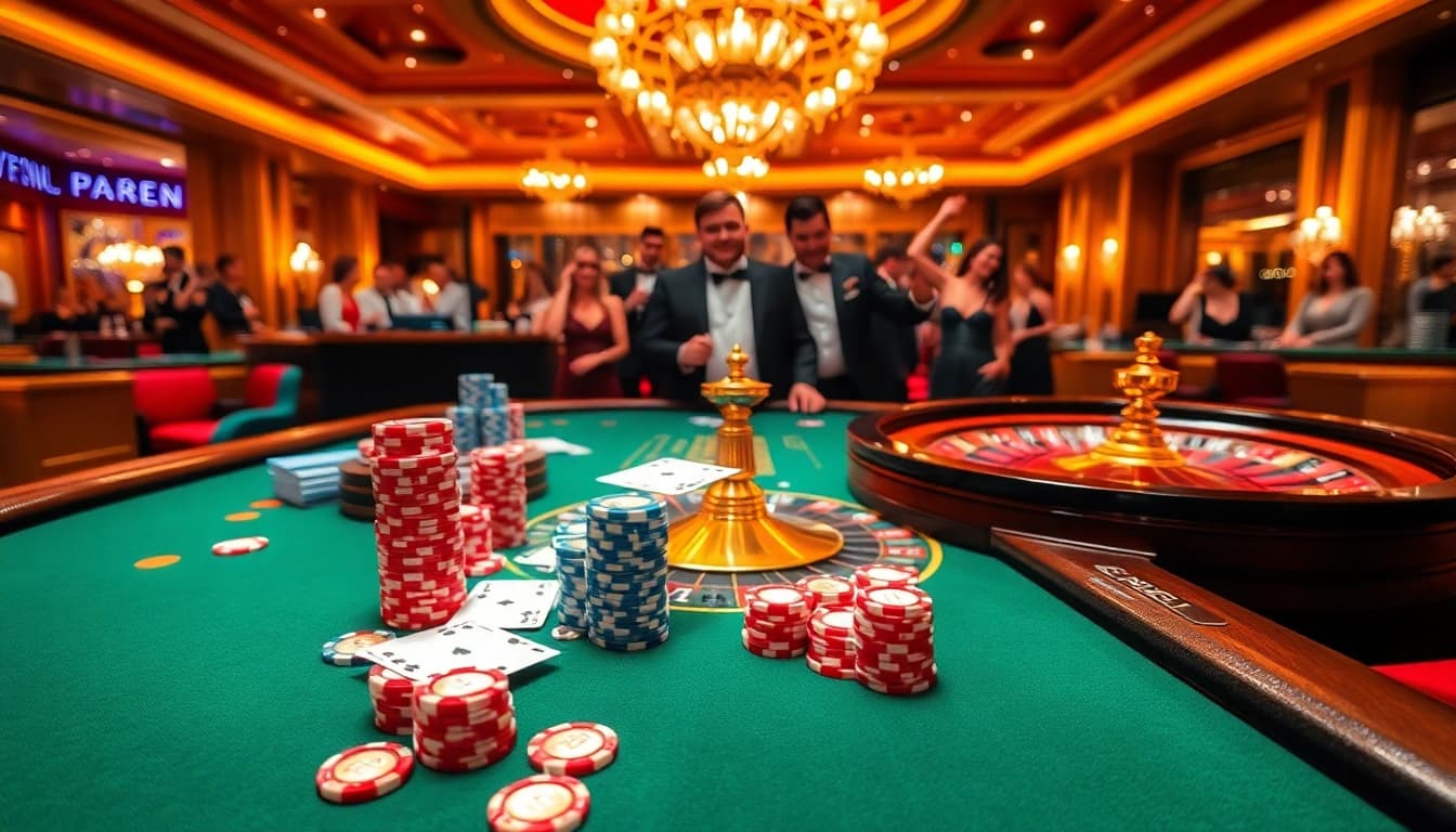 Experience the thrill of game queen at a vibrant casino scene with excited players and luxurious tables.