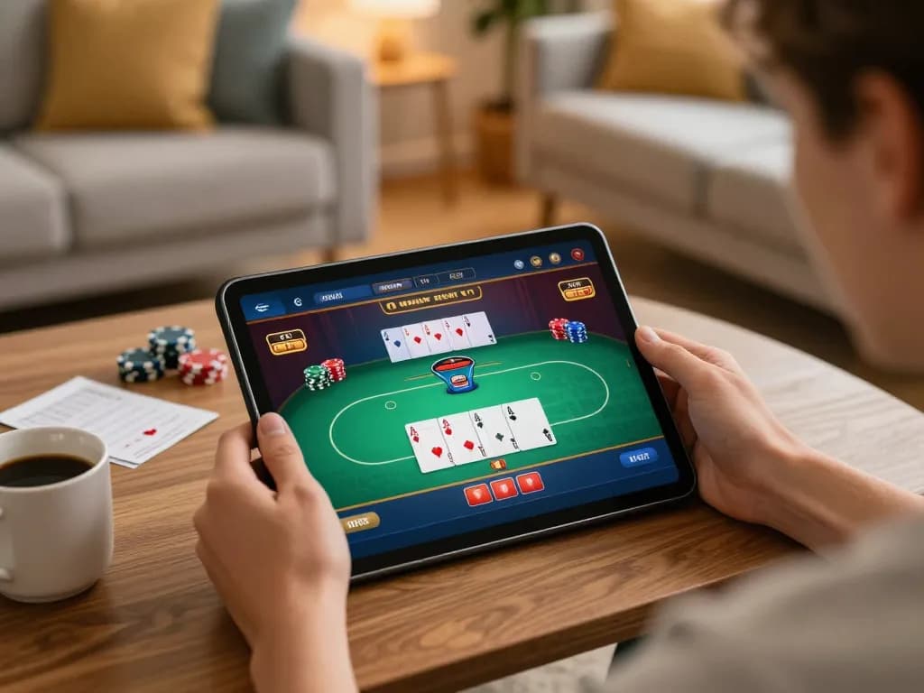Engage in friendly poker gameplay at home with SC88 COM on tablet showcasing strategic betting options.