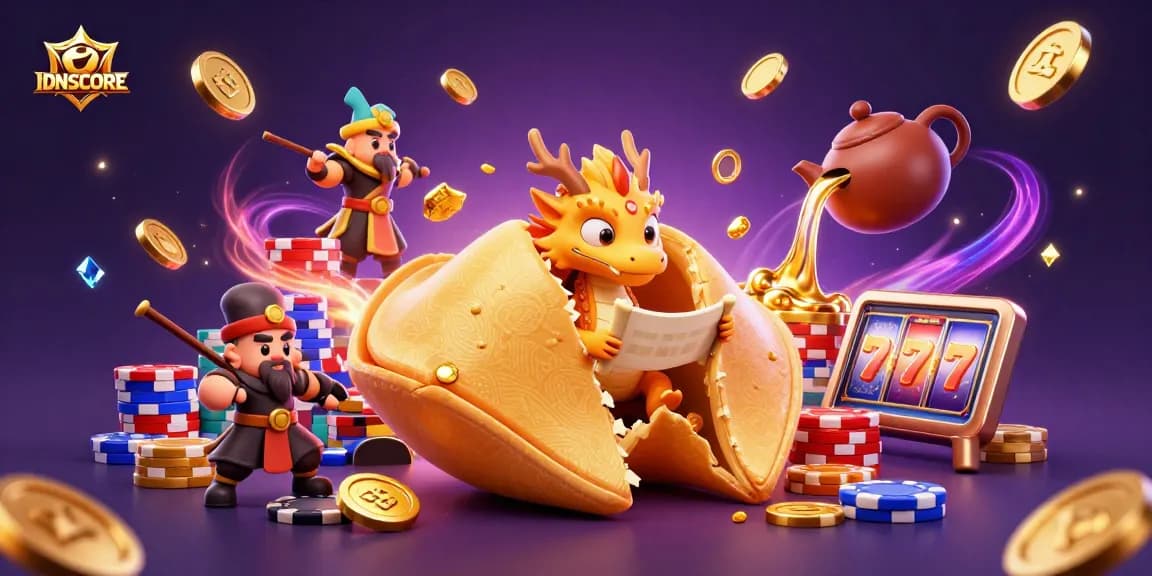 Engage with IDNSCORE as the fortune cookie reveals a treasure of winnings in an exciting casino scene.