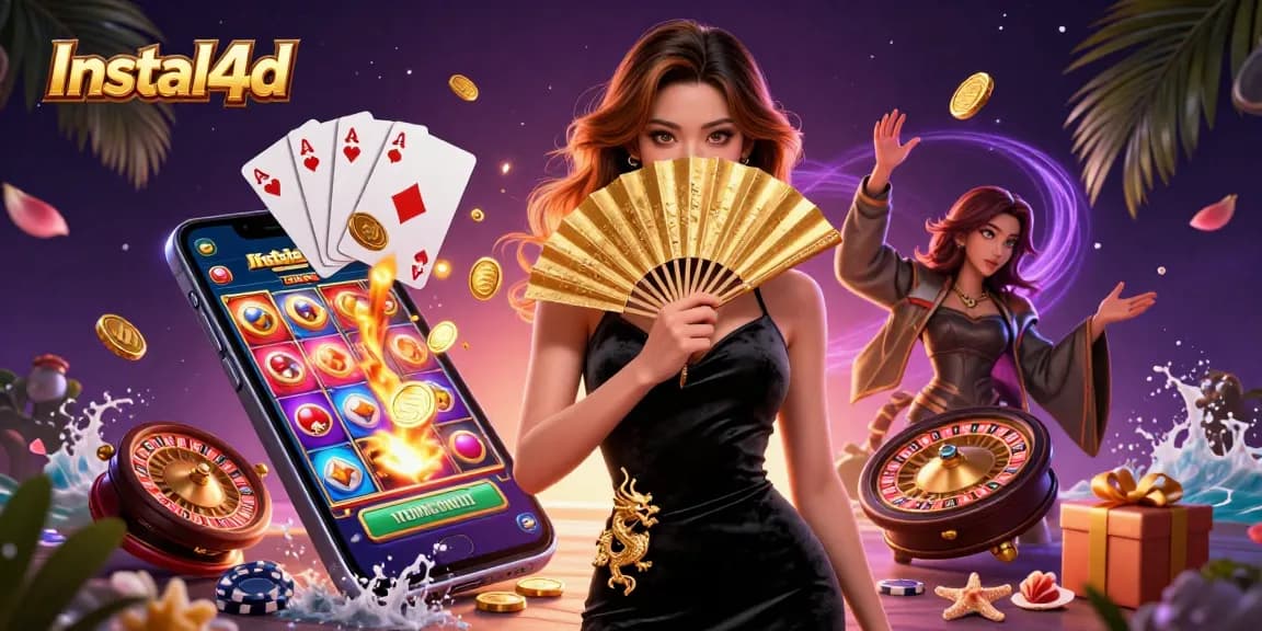 Experience thrilling wins with Instal4d featuring a glamorous Asian woman surrounded by vibrant casino elements.