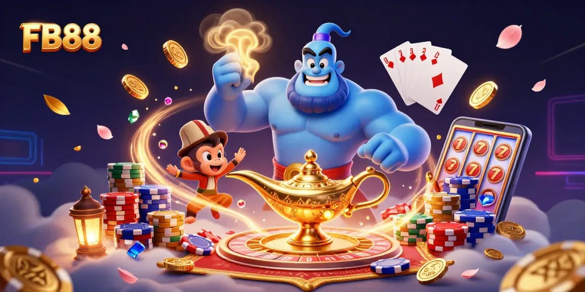 Experience the thrill of FB88 with a majestic genie, poker chips, and dynamic casino elements.