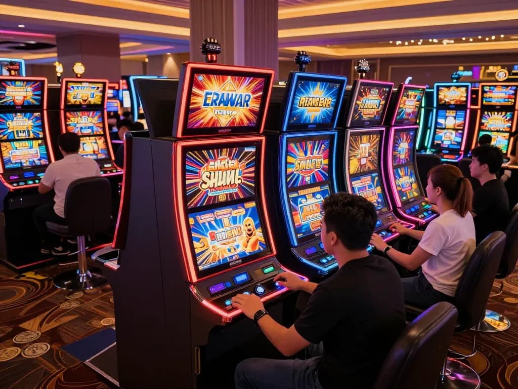 Players enjoying slot machines under vibrant neon lights, showcasing casino excitement.
