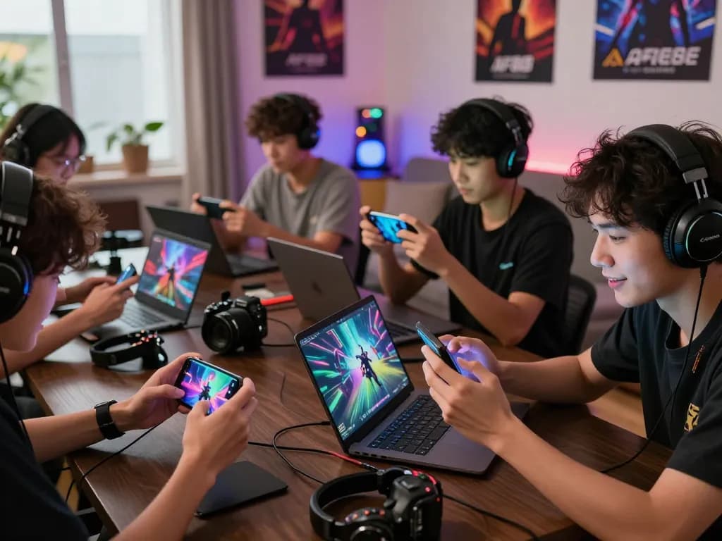 Engaged gamers playing AF88 casino games on various devices in a dynamic living room.