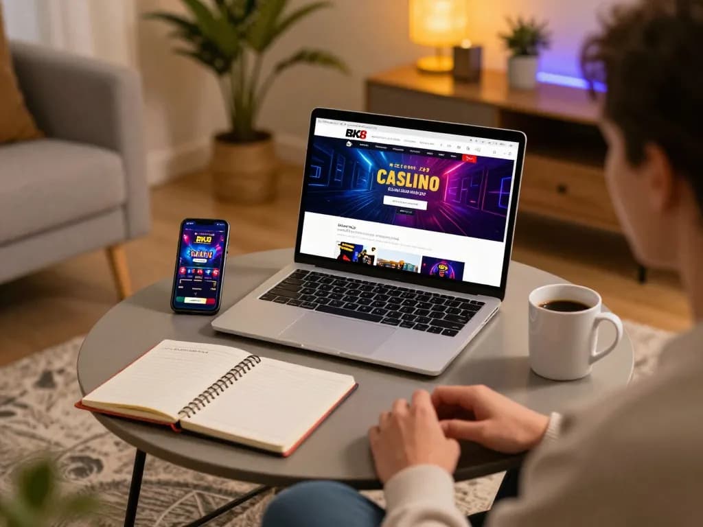 Engaged player analyzing strategies and betting on BK8 casino from a cozy home setup.