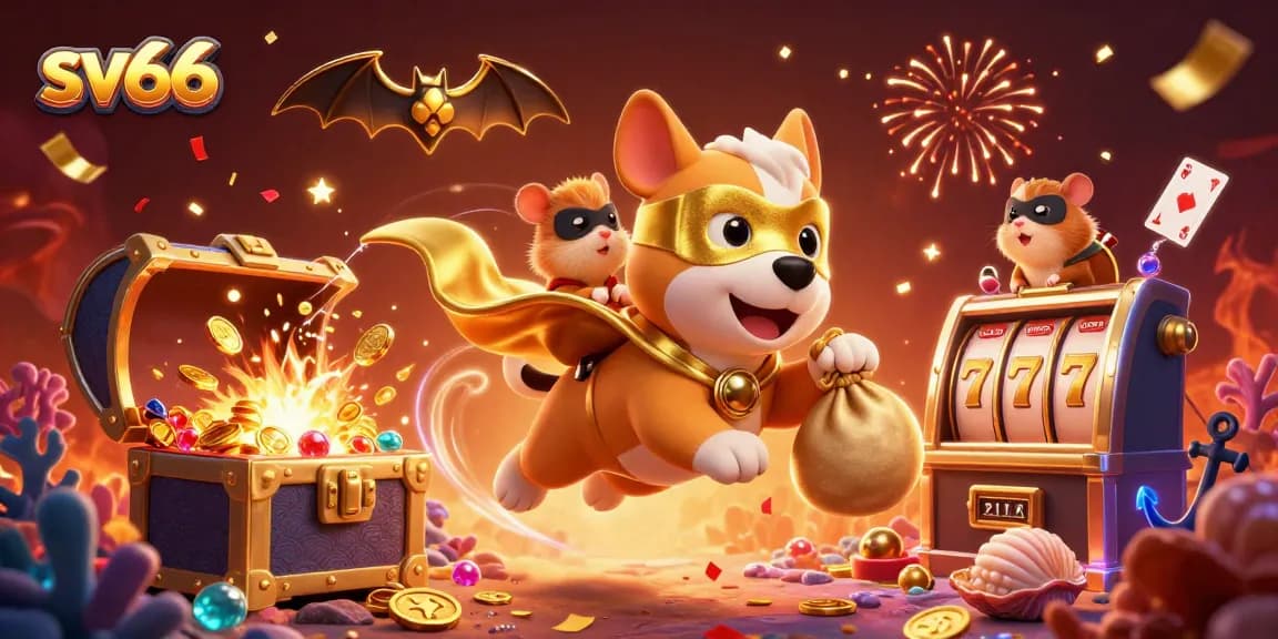 Experience thrilling wins at sv66 with a superhero dog carrying gold coins amidst exploding treasures and casino elements.