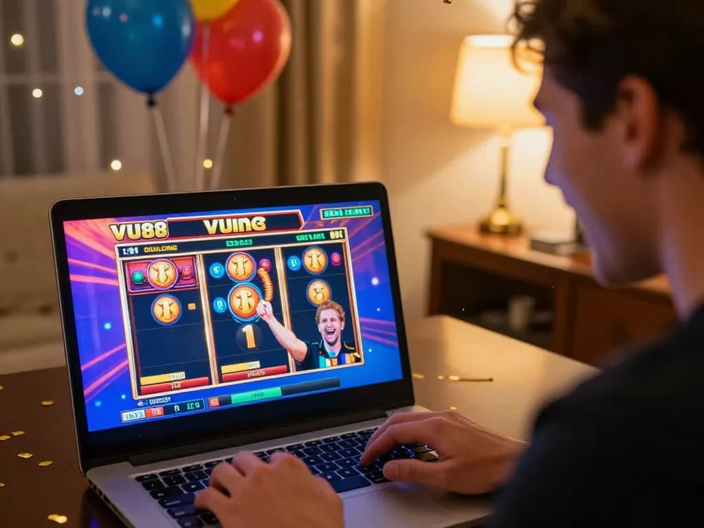 Player at VU88 online casino celebrating wins on vibrant slot game