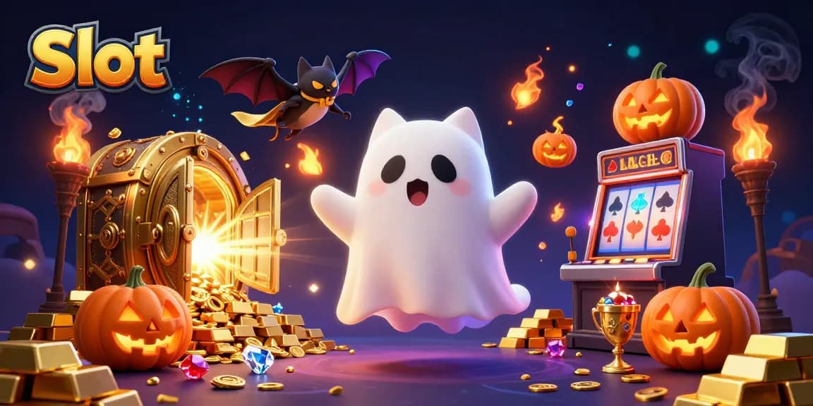 Engage with the vibrant Slot game scene featuring a ghost cat and treasure in a haunted casino