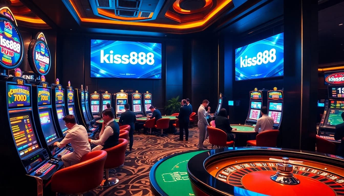 Kiss888 players enjoying a thrilling casino experience with vibrant slot machines and digital interfaces.