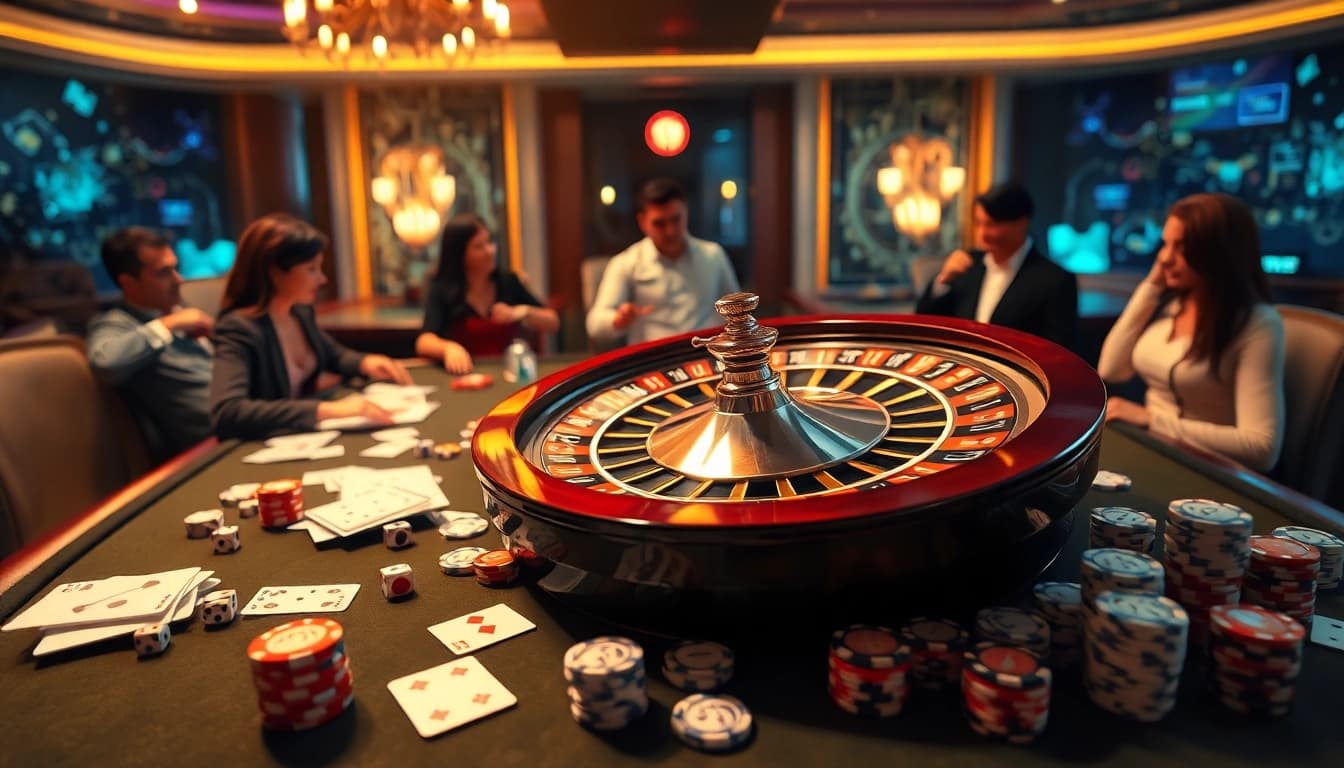 Experience the excitement of gambling with 99ok đăng ký at a luxurious casino table filled with cards and chips.