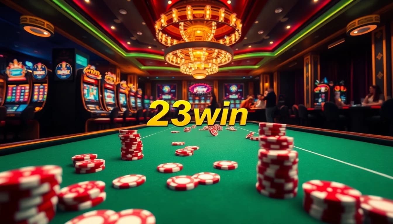Experience the excitement of 23win with vibrant casino visuals showcasing tables and machines.