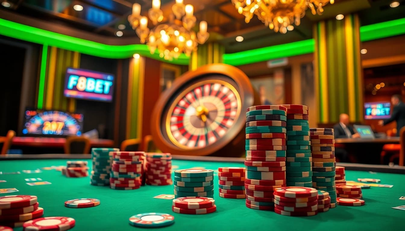 Dynamic F8BET casino scene featuring poker chips and a roulette wheel as players engage in gaming excitement.