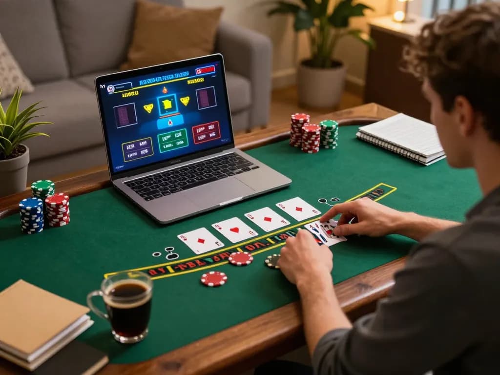 I9BET player engaged in live dealer blackjack game on a laptop, highlighting online casino excitement and strategy.