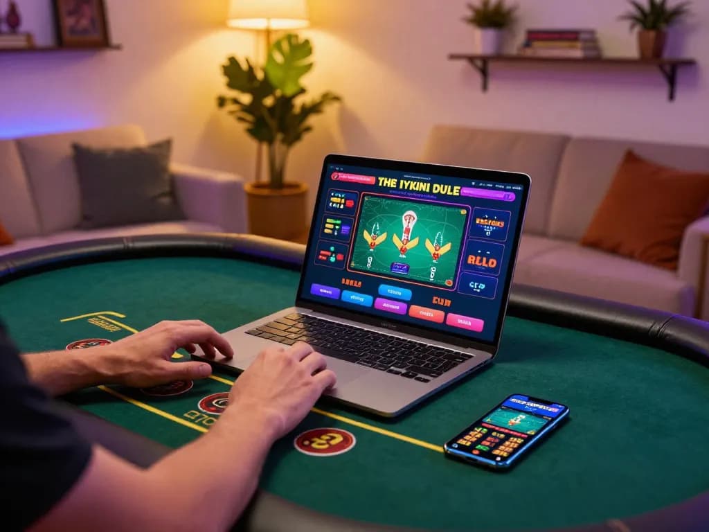 Players engaging with the live casino table on their laptop at https://rr88.select/ with vibrant gaming atmosphere