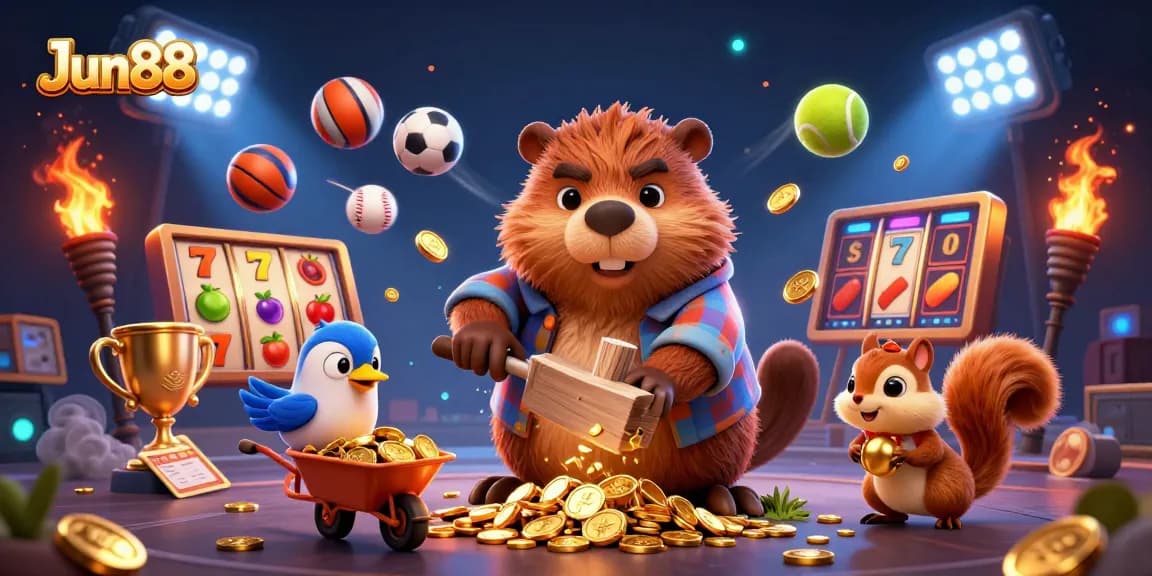 Experience Jun88 with a 3D illustrated scene featuring a beaver and gold coins in a vibrant casino atmosphere