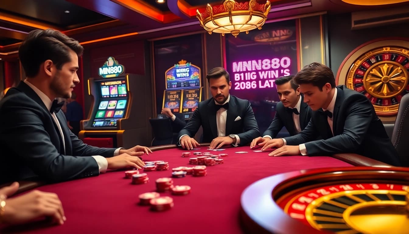 High-stakes gambling action at a luxurious MN88 casino poker table with colorful chips and cards.