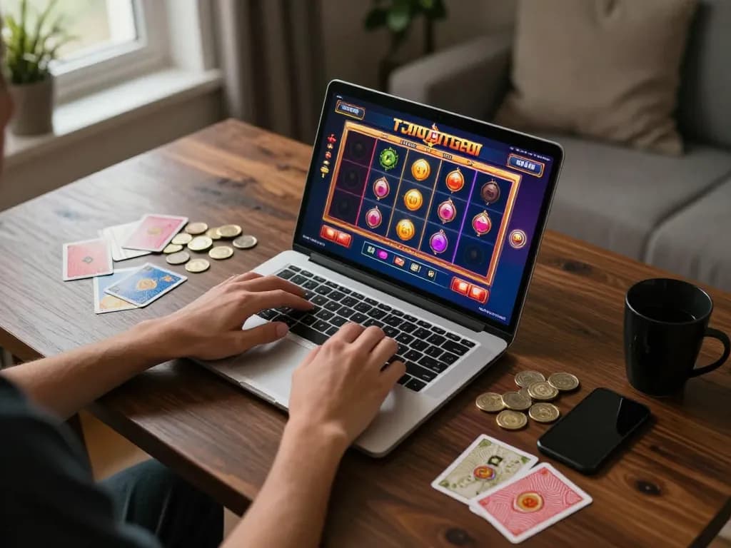 Playing slots online in a modern home setup, showcasing engaging gameplay and strategic focus.