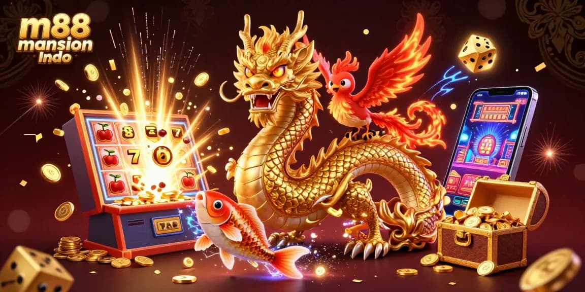 Memenangkan besar di m88 mansion Indo dengan naga yang kuat dan phoenix di adegan permainan yang penuh warna.
