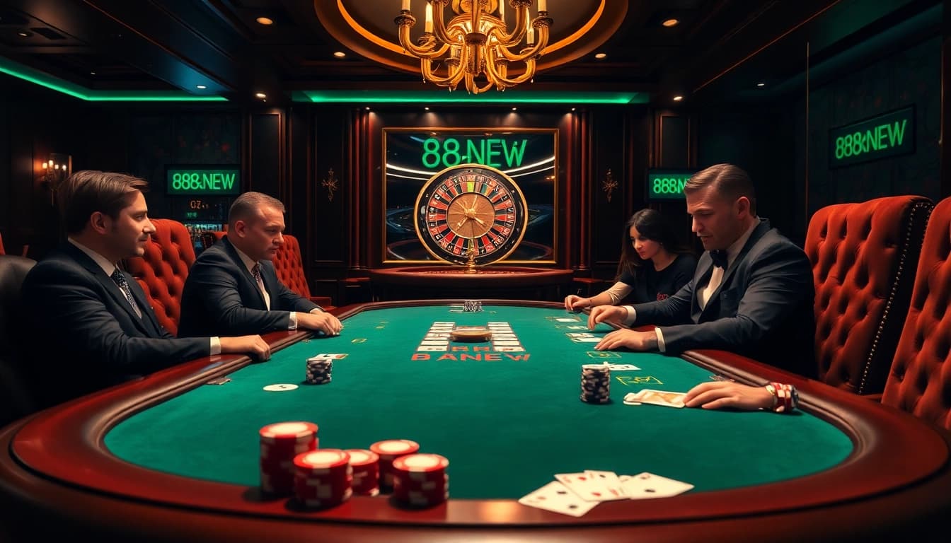 Players enjoying a thrilling game at 888NEW casino table with vibrant atmosphere.