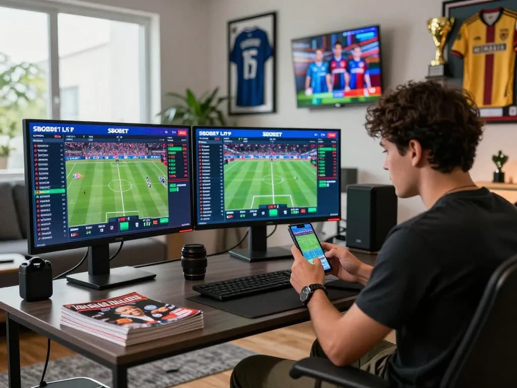 SBOBET odds displayed on smartphone in a vibrant sports betting lounge with live match statistics