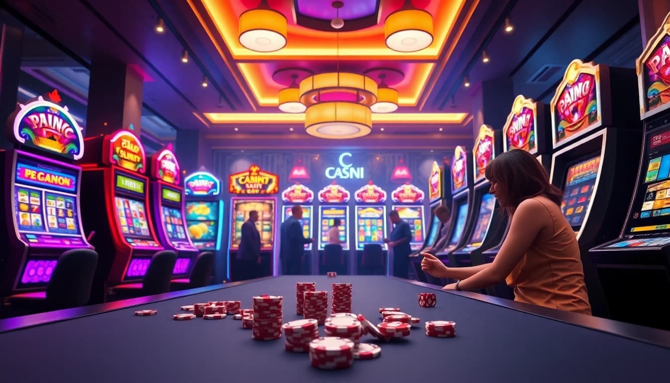 Rasakan sensasi slot gacor aman788 di tengah suasana kasino yang cerah dipenuhi dengan mesin slot berwarna-warni.