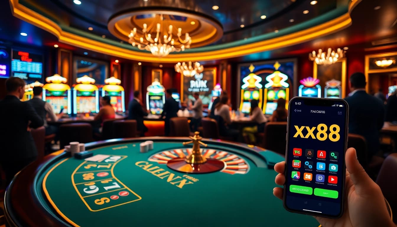 Exciting xx88 gaming scene with players at a poker table and vibrant slot machines.