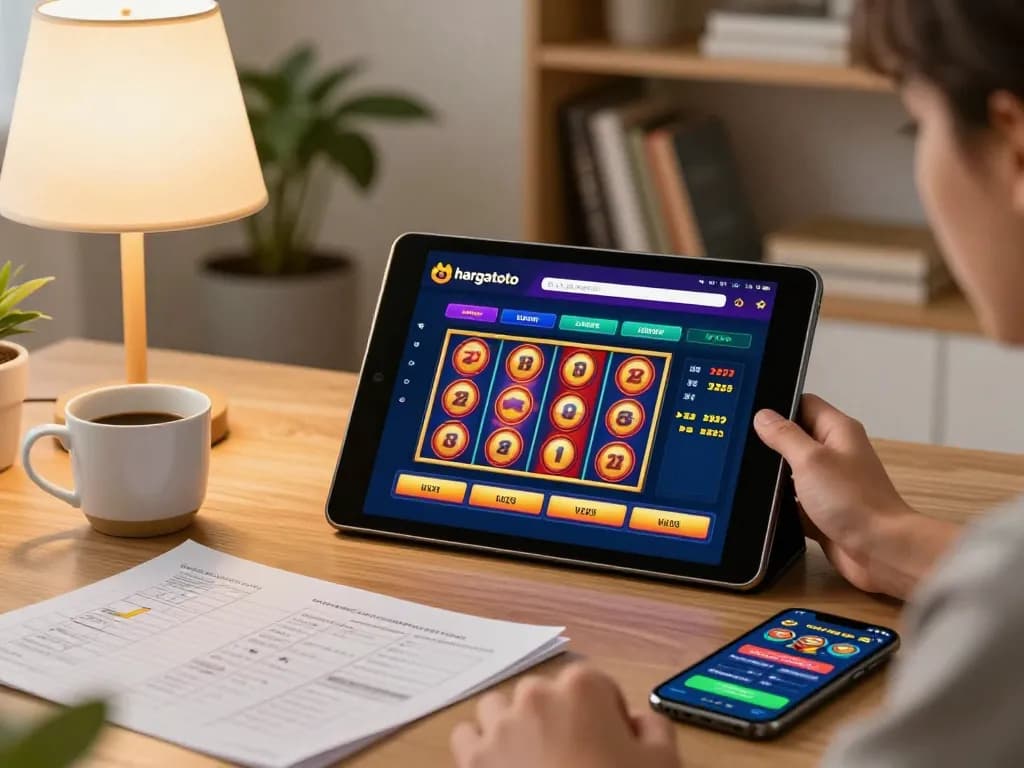 Orang yang menikmati slot online hargatoto di tablet di lingkungan rumah yang nyaman, menyoroti perjudian yang nyaman.