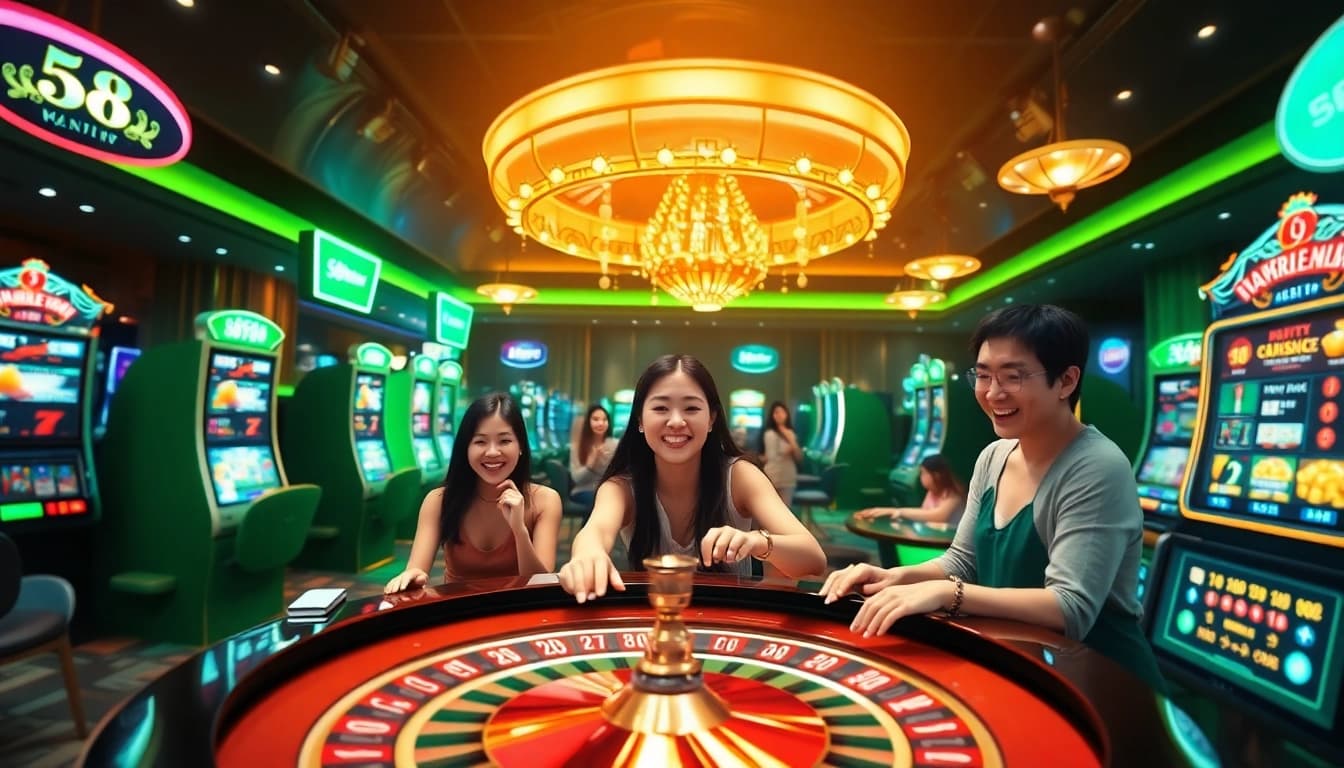 Experience the thrill of 58win's online casino with vibrant gaming tables and joyful players.