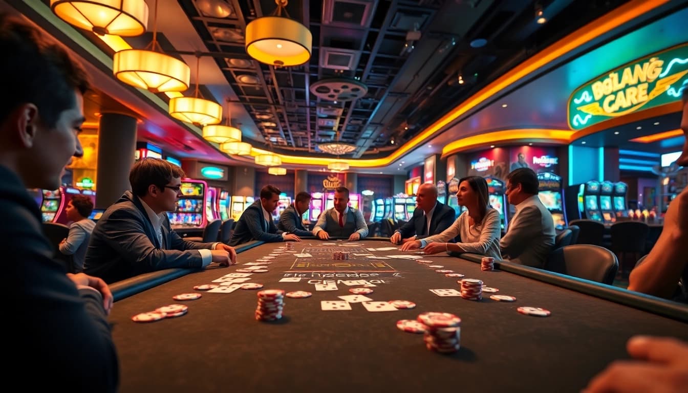 Situs toto pada meja permainan kasino yang ramai dengan pemain terlibat dan suasana energik.