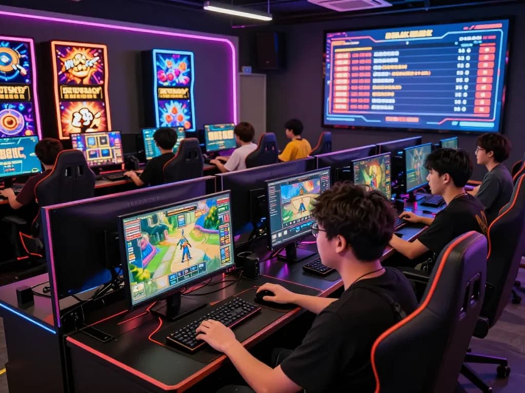 Players enjoying online games at a situs gacor gaming lounge, showcasing excitement and technology.
