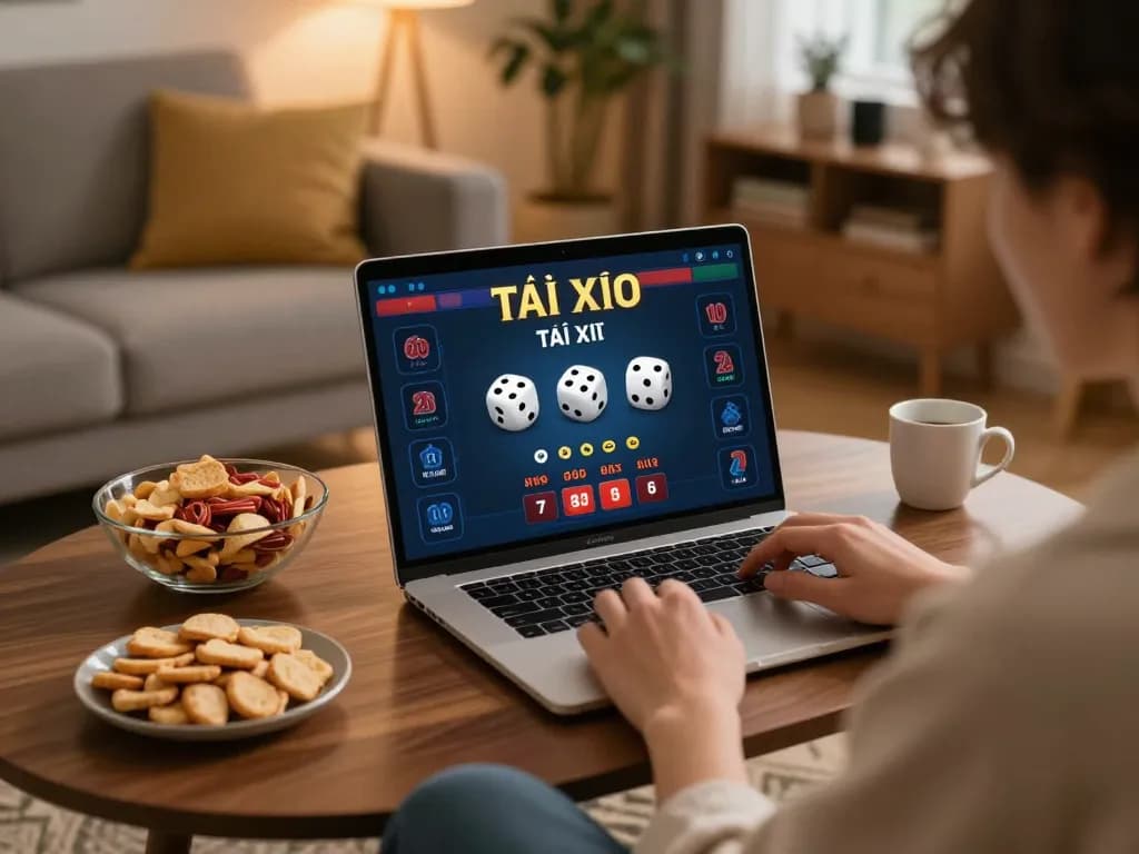 A player enjoying Tài Xỉu on 555win's online platform in a cozy living room setting