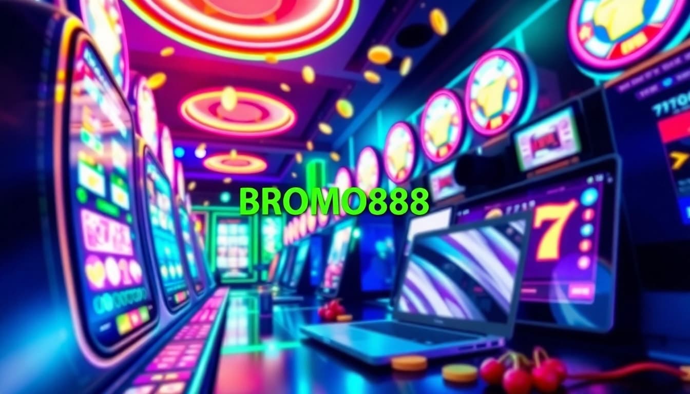 BROMO888 online gaming excitement with vibrant slot machines and digital currency symbols.
