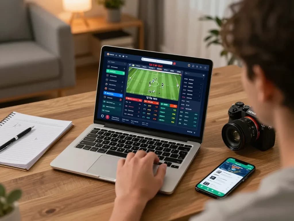 Engaged in online betting, placing smart wagers using tỷ lệ kèo in a cozy setup with laptop.