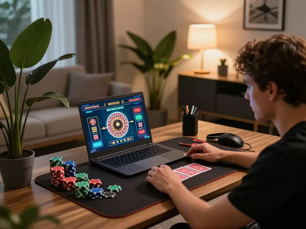 Pemain terlibat dengan rolet online di rumah, menunjukkan gameplay strategis saat menggunakan slovakia-vhs untuk peluang yang lebih baik.