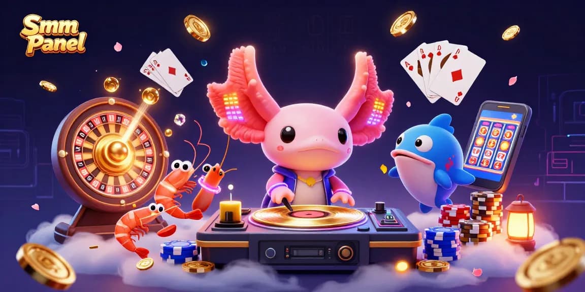 Engage with Smm Panel for vibrant social media campaigns featuring dynamic 3D characters and casino elements.