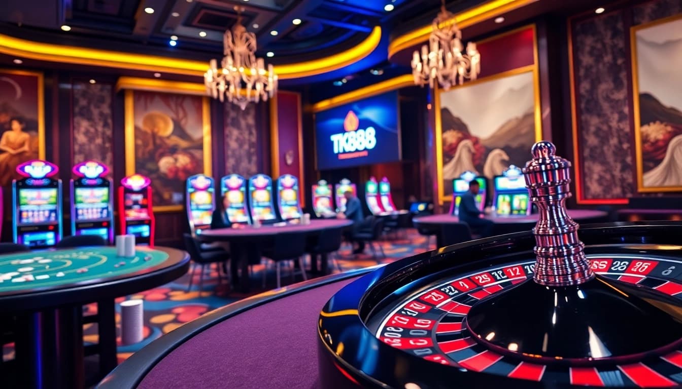 TK88 gaming experience with vibrant casino tables and roulette wheel for immersive play.