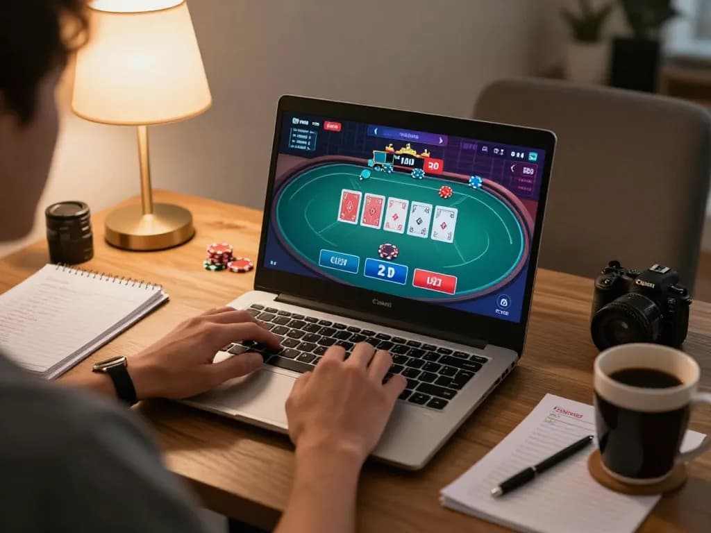 Engaging in online casino gameplay at home with goal123, showcasing poker strategy and user-friendly interface.