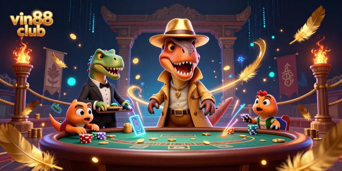 vin88 club showcases a vibrant 3D casino scene with a velociraptor card counter and stegosaurus pit boss.